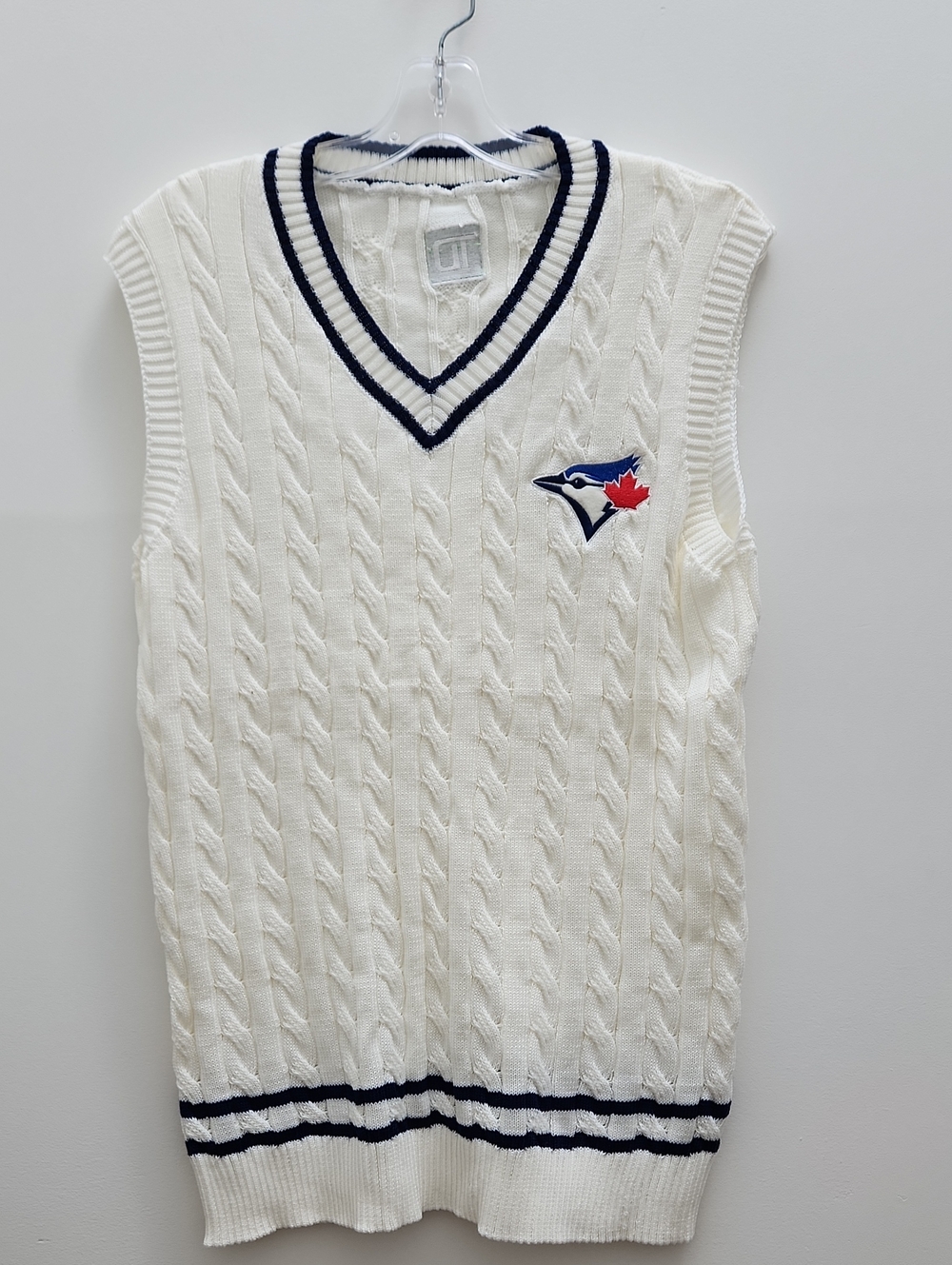 Men's White Cable-Knit V-Neck Sweater Vest with Navy Trim